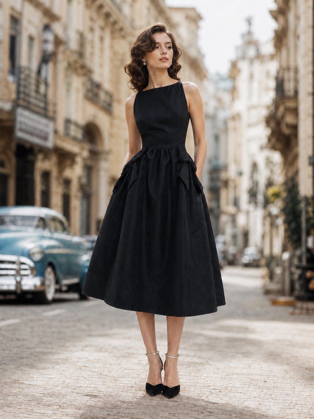 Retro Audrey-Style Black Pleated Full-Skirt Party Dress