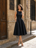 Retro Audrey-Style Black Sleeveless A-Line Swing Midi Dress