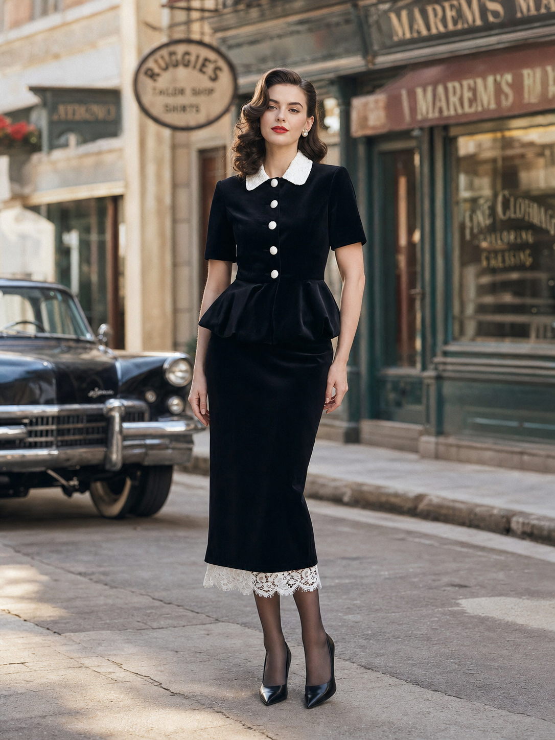 Vintage Black Velvet Peplum Top & Bodycon Pencil Skirt Two-Piece Set