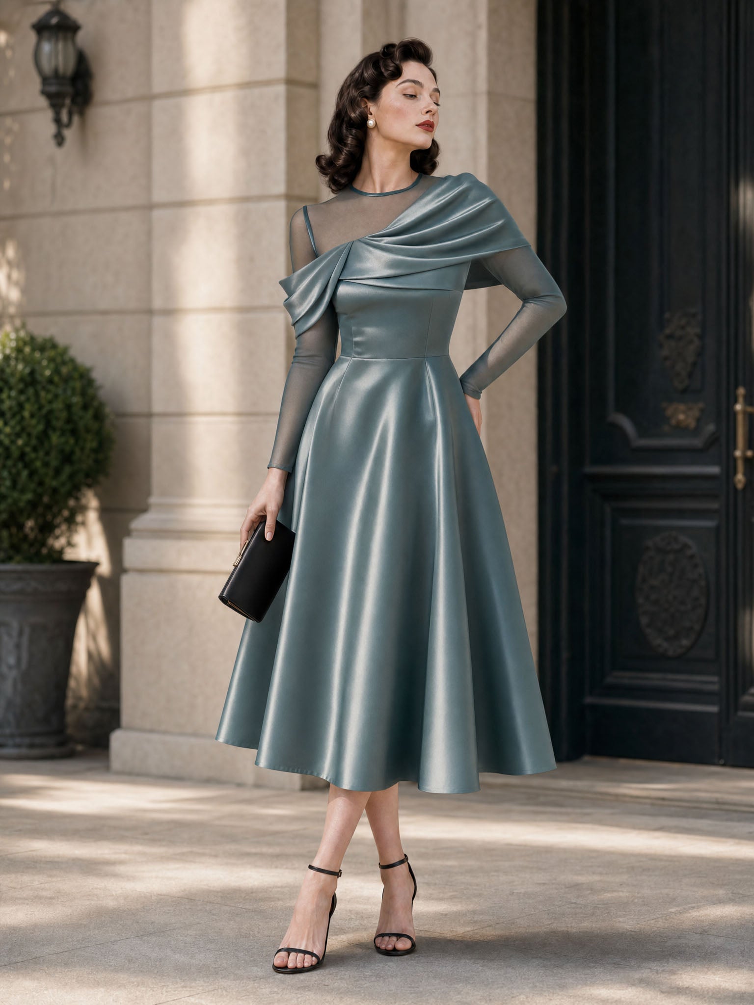Vintage Satin Mesh Spliced Shawl Midi Dress