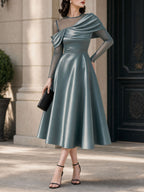 Vintage Satin Mesh Spliced Shawl Midi Dress