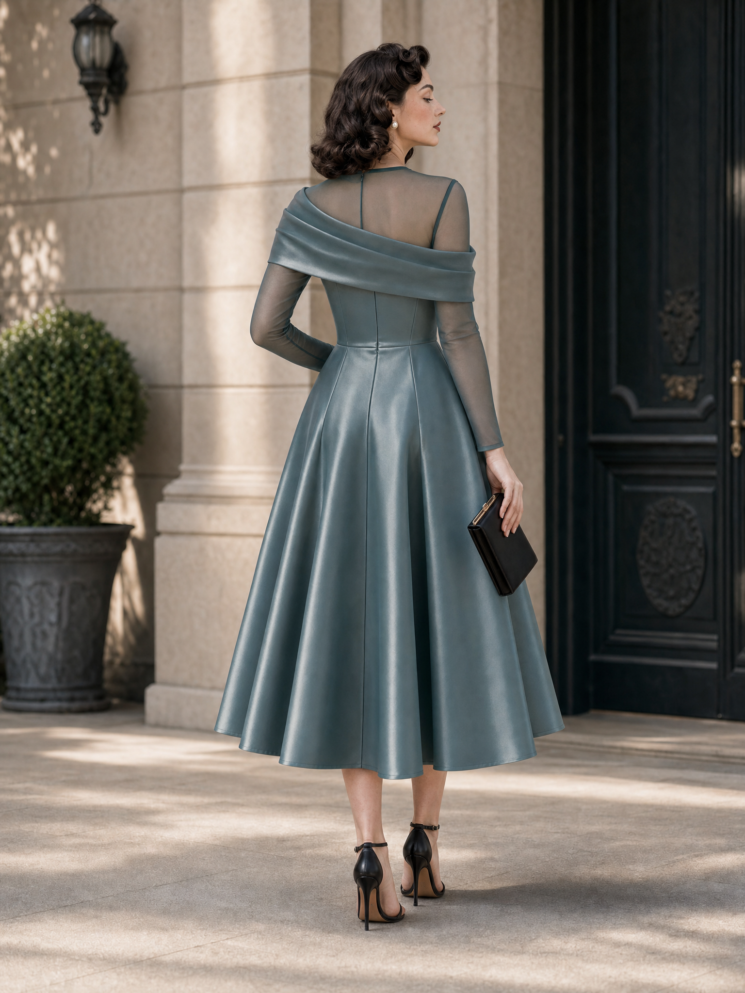 Vintage Satin Mesh Spliced Shawl Midi Dress