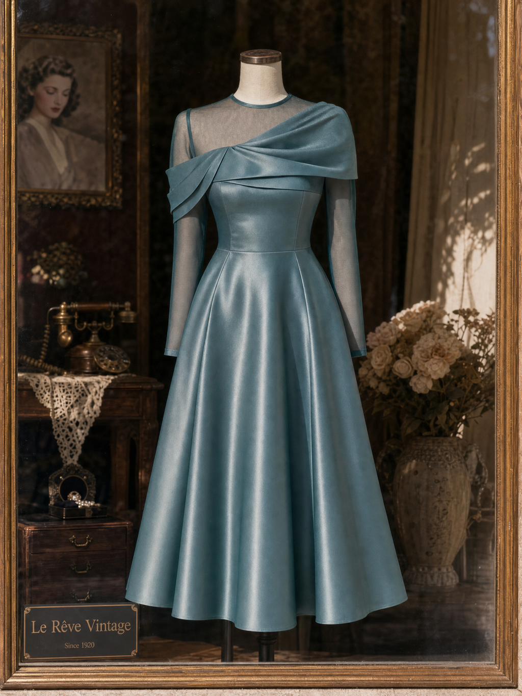 Vintage Satin Mesh Spliced Shawl Midi Dress
