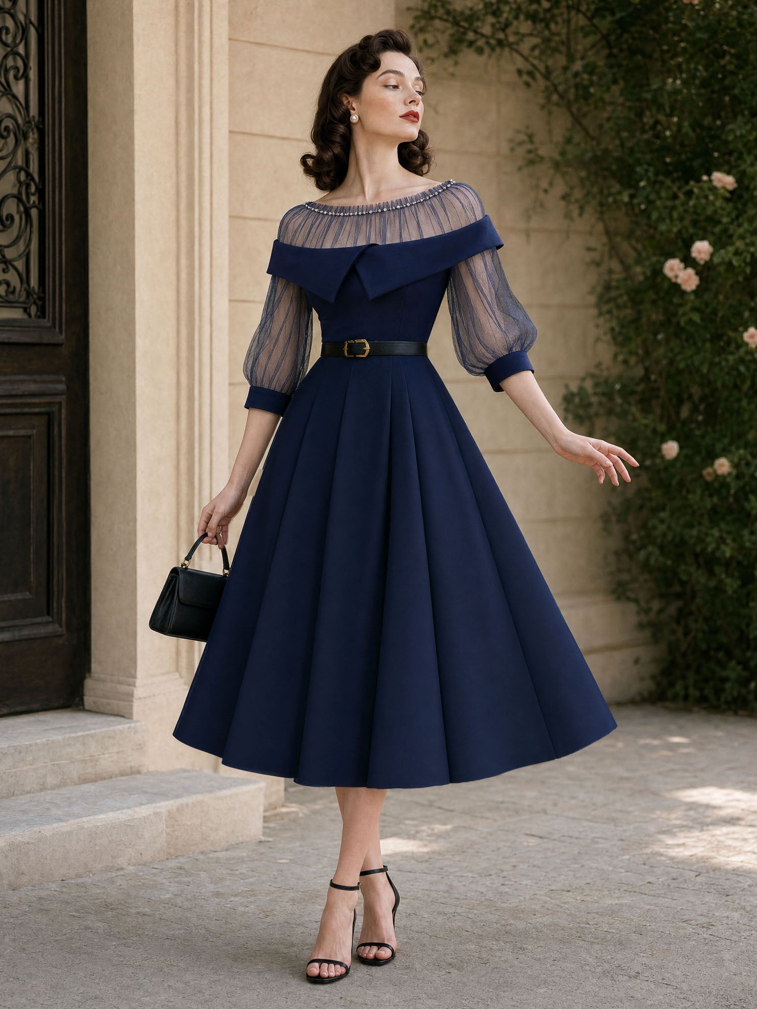 Vintage Mesh Splicing Beaded Embellishment Midi Dress