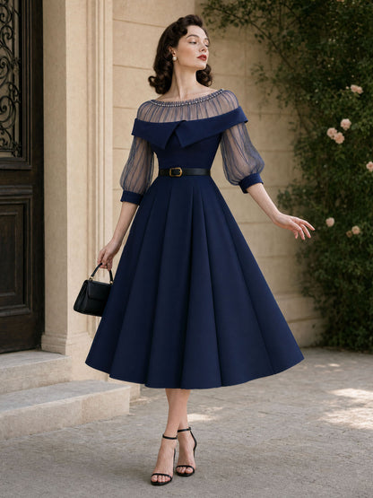Vintage Mesh Splicing Beaded Embellishment Midi Dress
