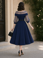 Vintage Mesh Splicing Beaded Embellishment Midi Dress