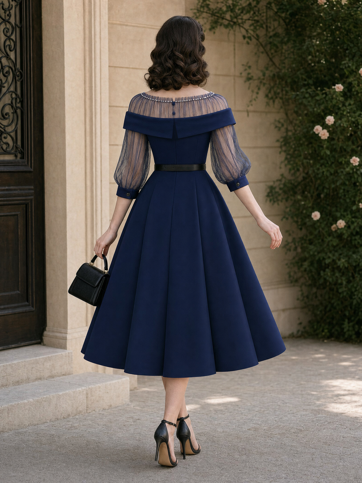 Vintage Mesh Splicing Beaded Embellishment Midi Dress
