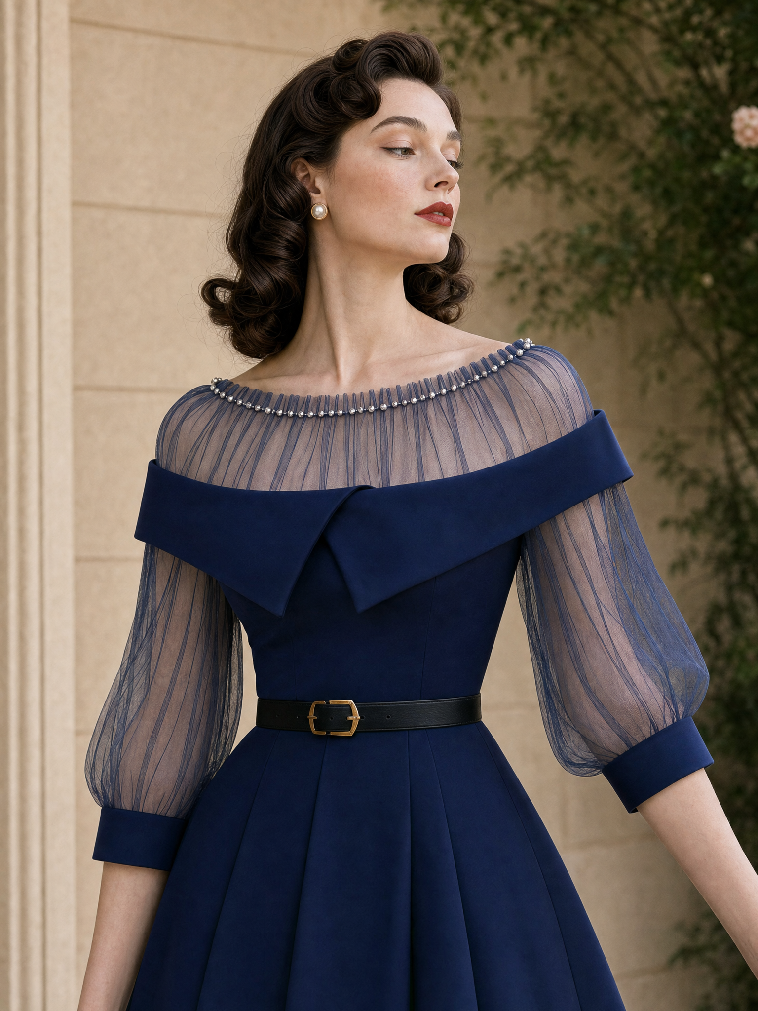 Vintage Mesh Splicing Beaded Embellishment Midi Dress