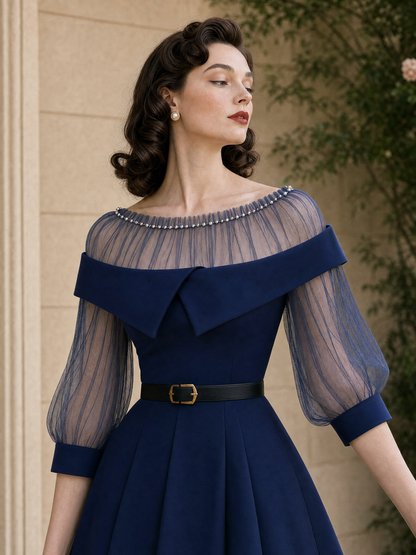Vintage Mesh Splicing Beaded Embellishment Midi Dress