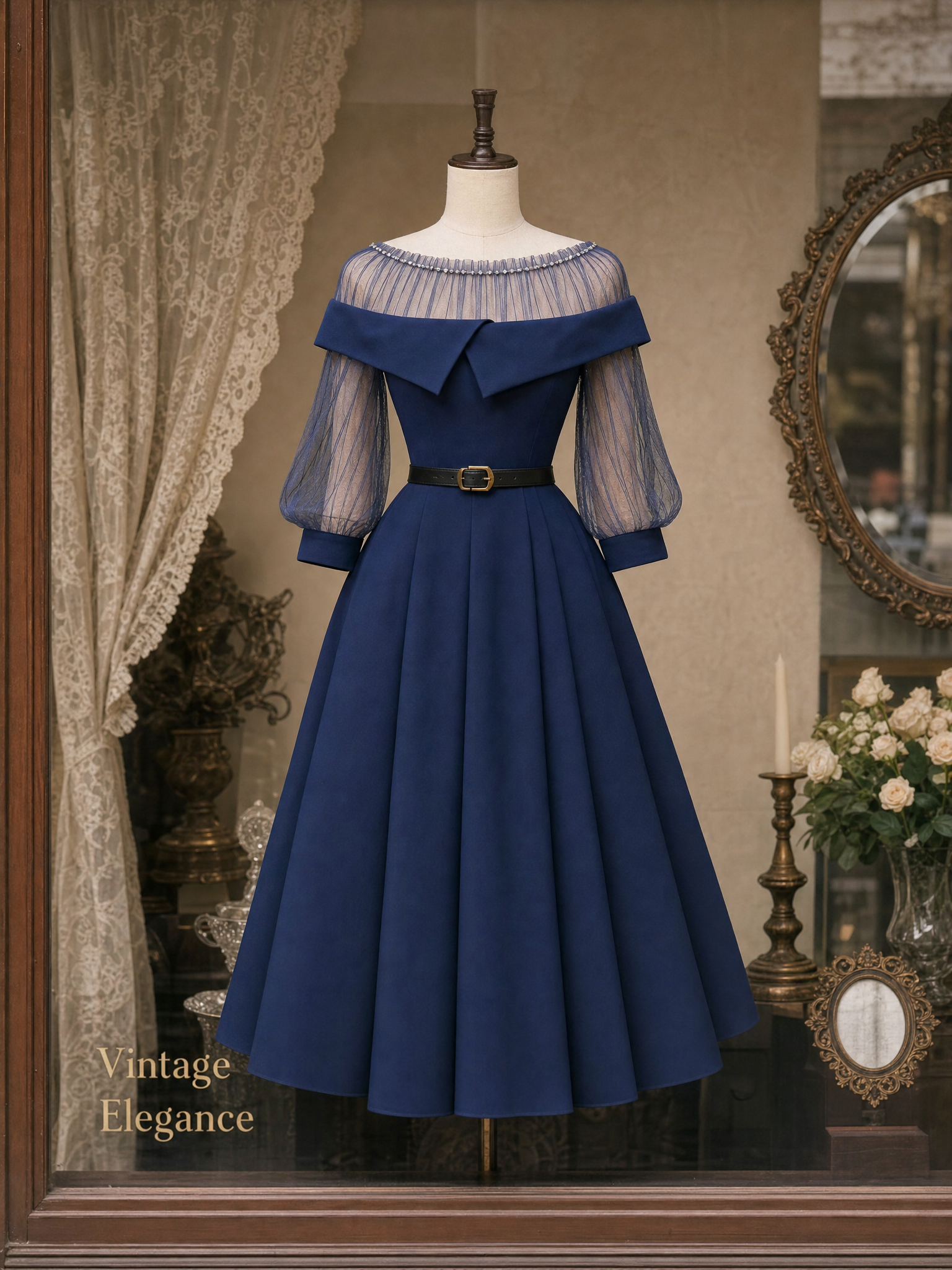 Vintage Mesh Splicing Beaded Embellishment Midi Dress