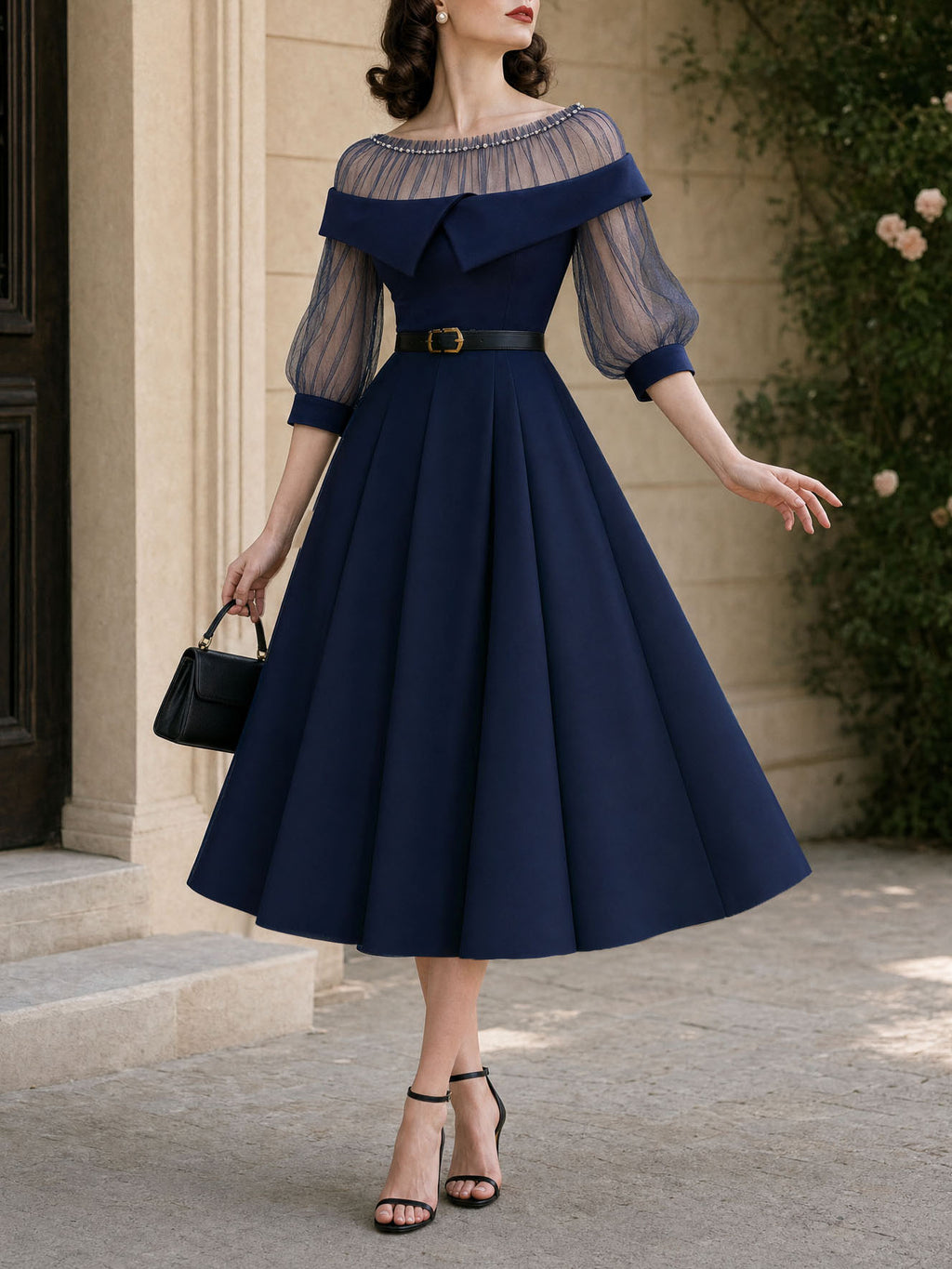 Vintage Mesh Splicing Beaded Embellishment Midi Dress