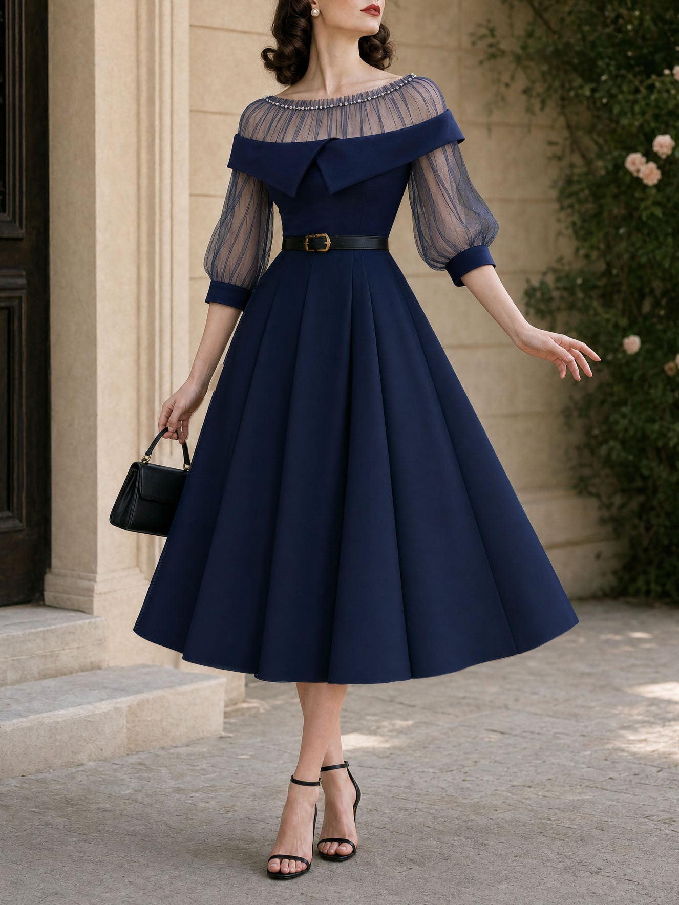 Vintage Mesh Splicing Beaded Embellishment Midi Dress