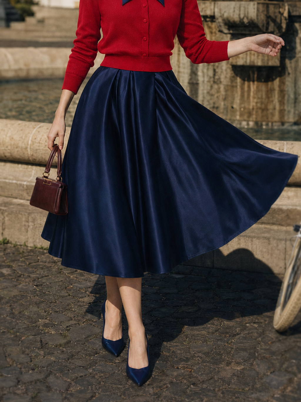 Vintage Shiny Elastic Waist Hip-Covering Slimming Full Midi Skirt