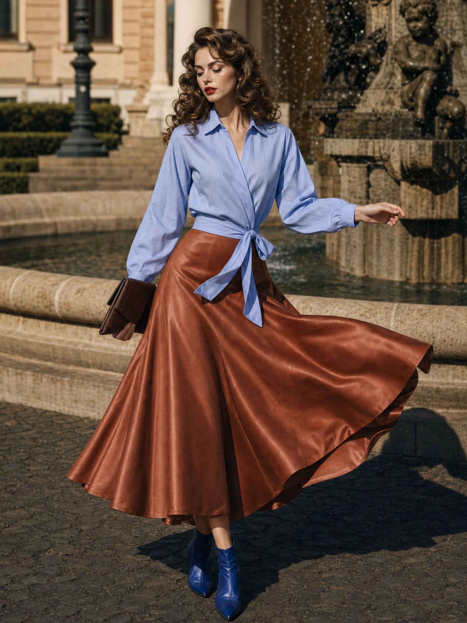 Vintage Caramel Satin Hip-Covering Slimming Midi Skirt