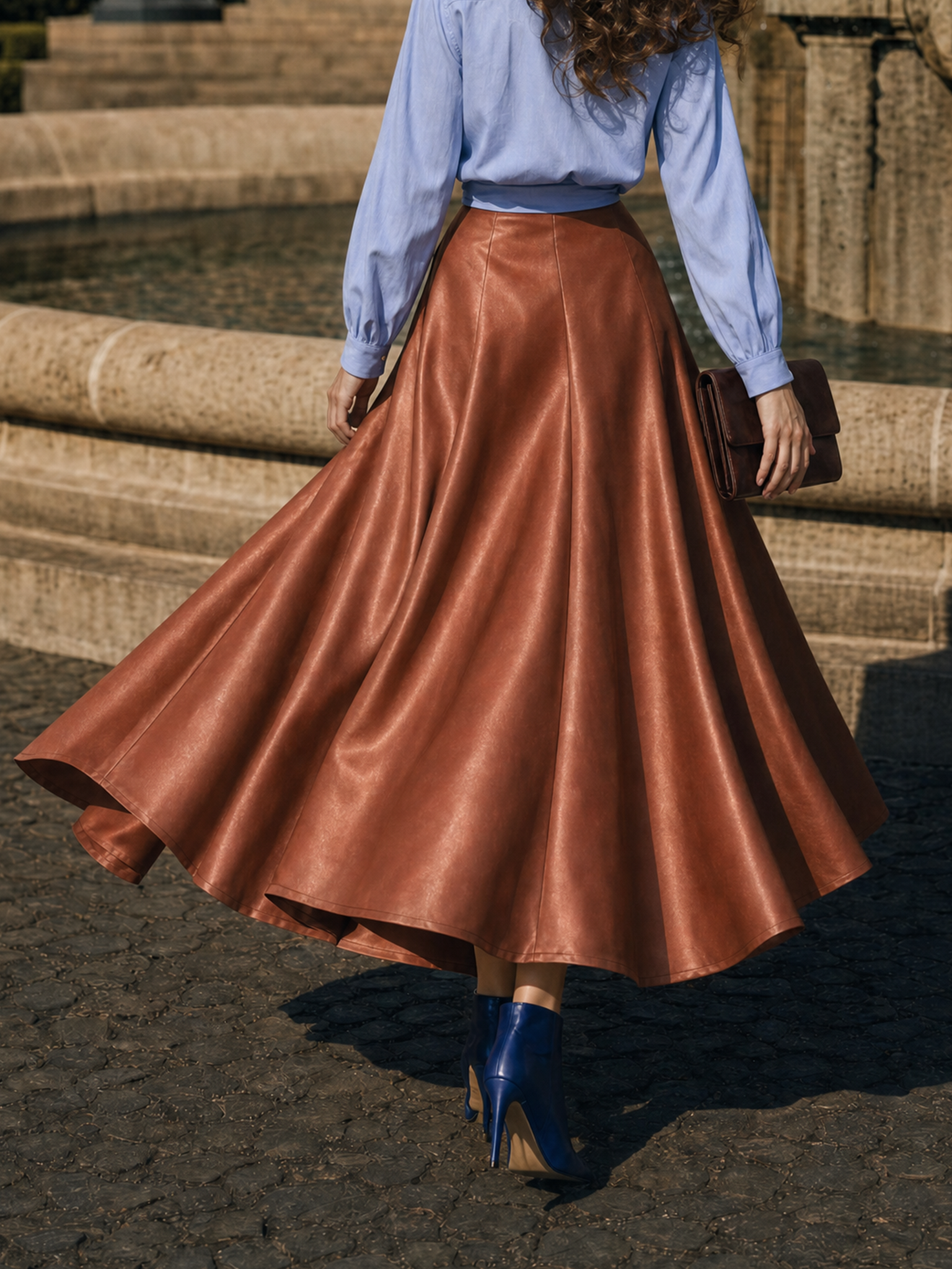 Vintage Caramel Satin Hip-Covering Slimming Midi Skirt