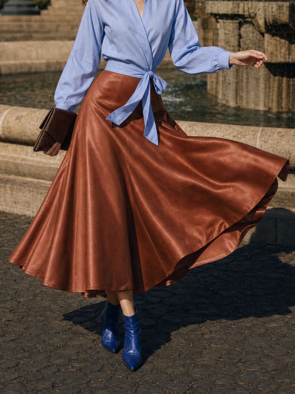 Vintage Caramel Satin Hip-Covering Slimming Midi Skirt