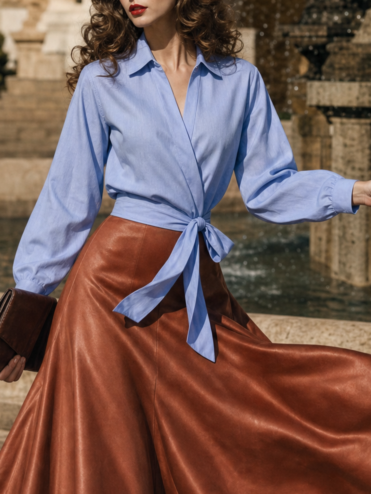 Vintage V-Neck Tie Waist Cropped Long Sleeve Blouse