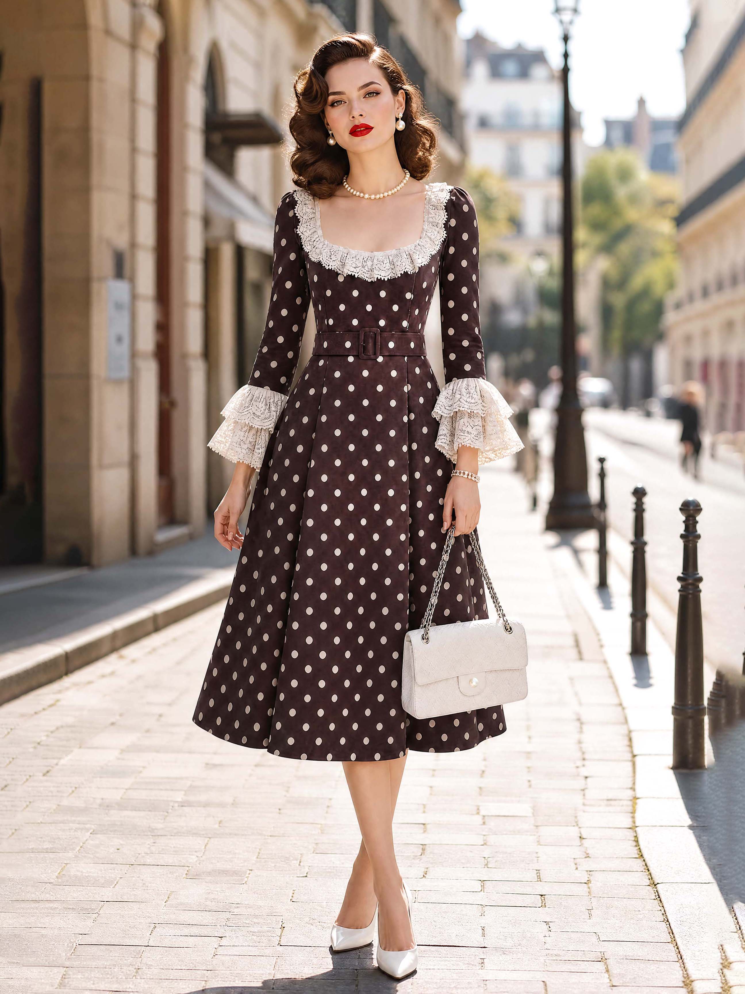 Vintage Lace Trim Polka Dot Midi Dress