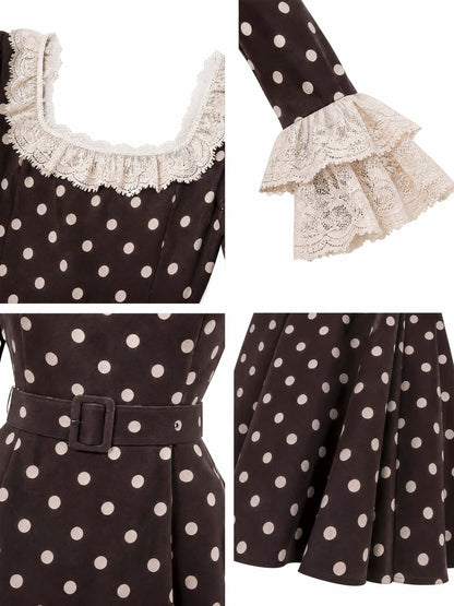 Vintage Lace Trim Polka Dot Midi Dress