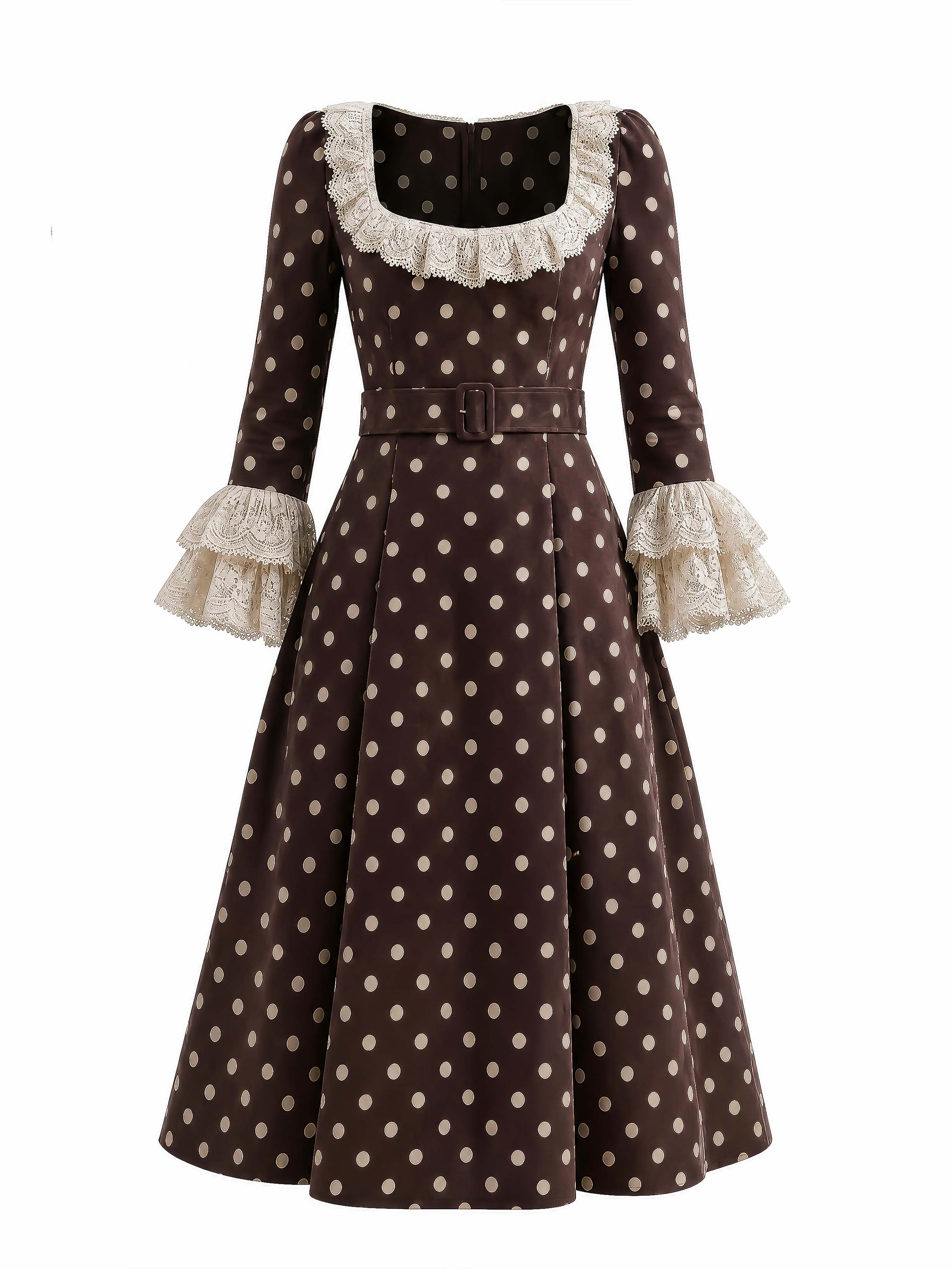 Vintage Lace Trim Polka Dot Midi Dress