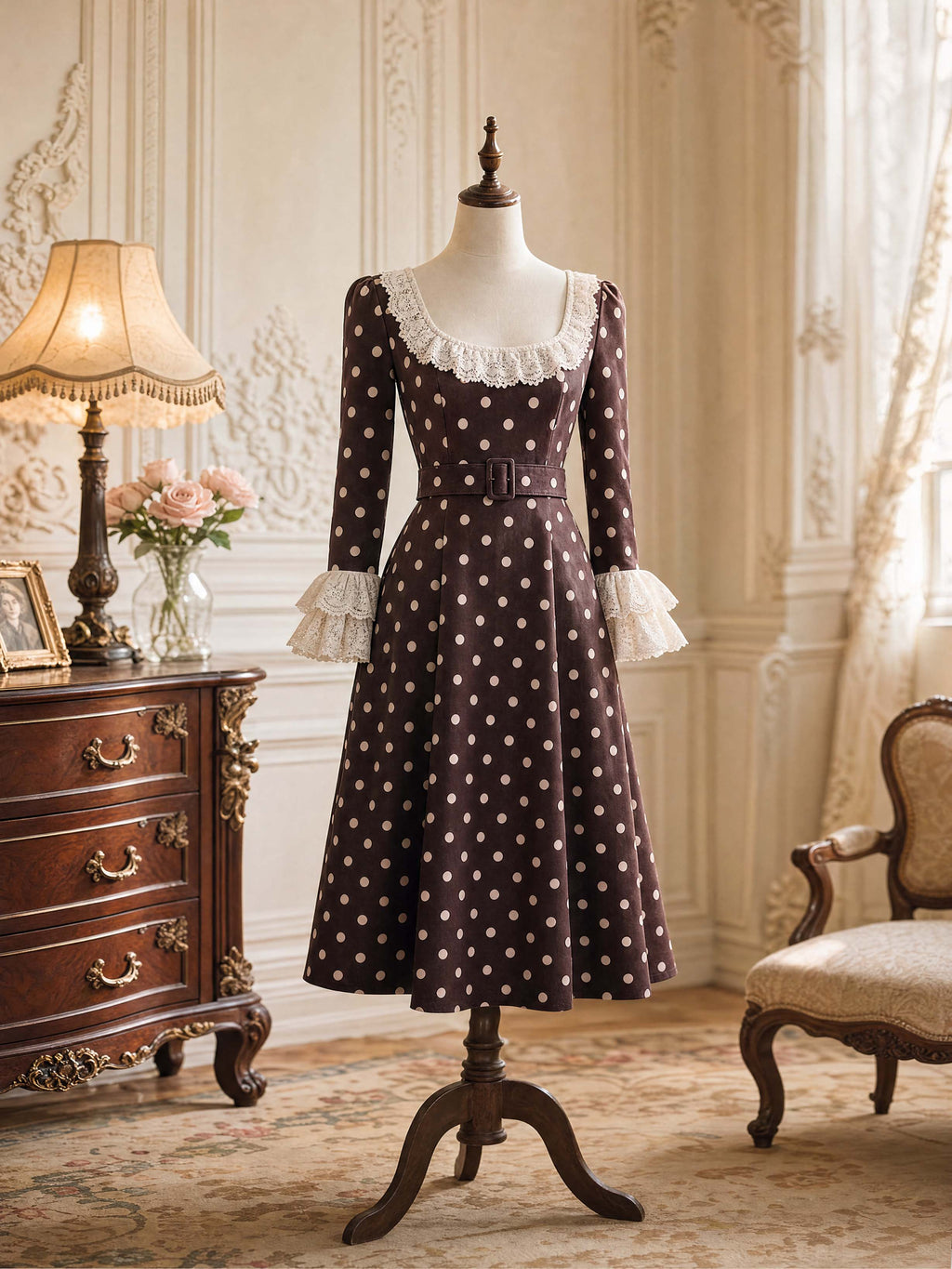 Vintage Lace Trim Polka Dot Midi Dress