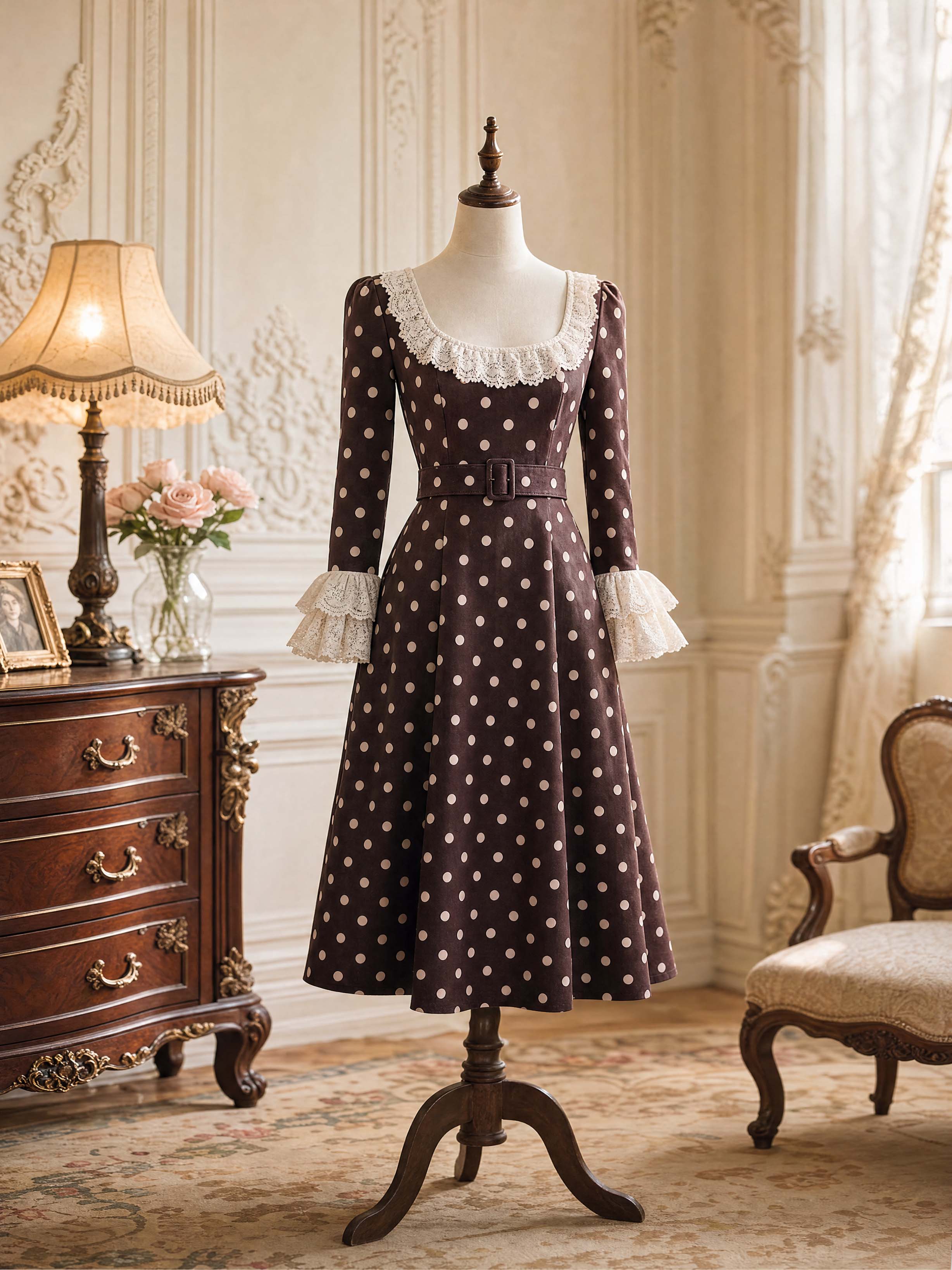 Vintage Lace Trim Polka Dot Midi Dress