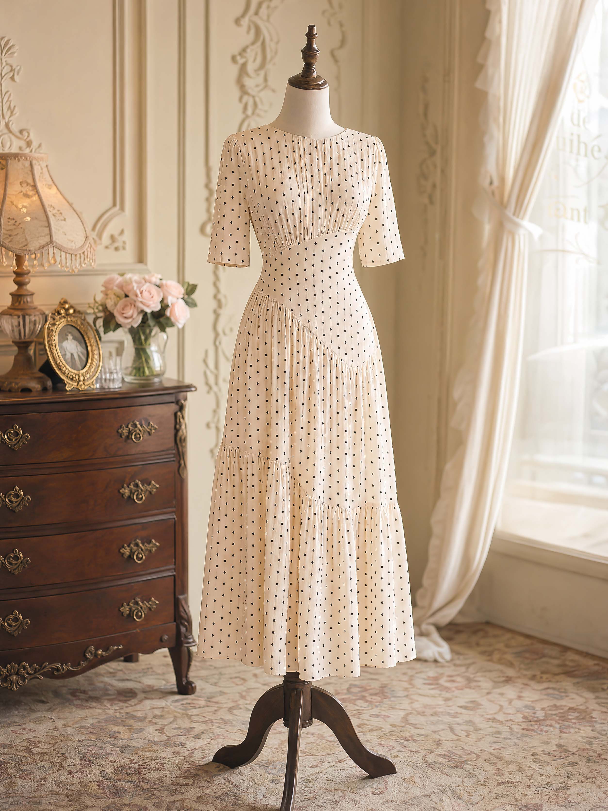 Vintage Polka Dot Tiered Maxi Dress