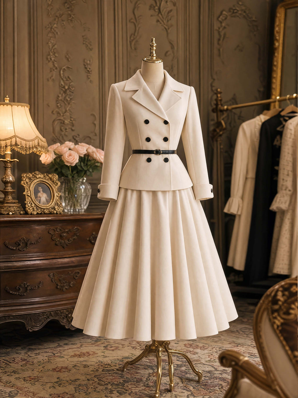 Vintage  Blazer & Swing Midi Skirt Two Piece Set