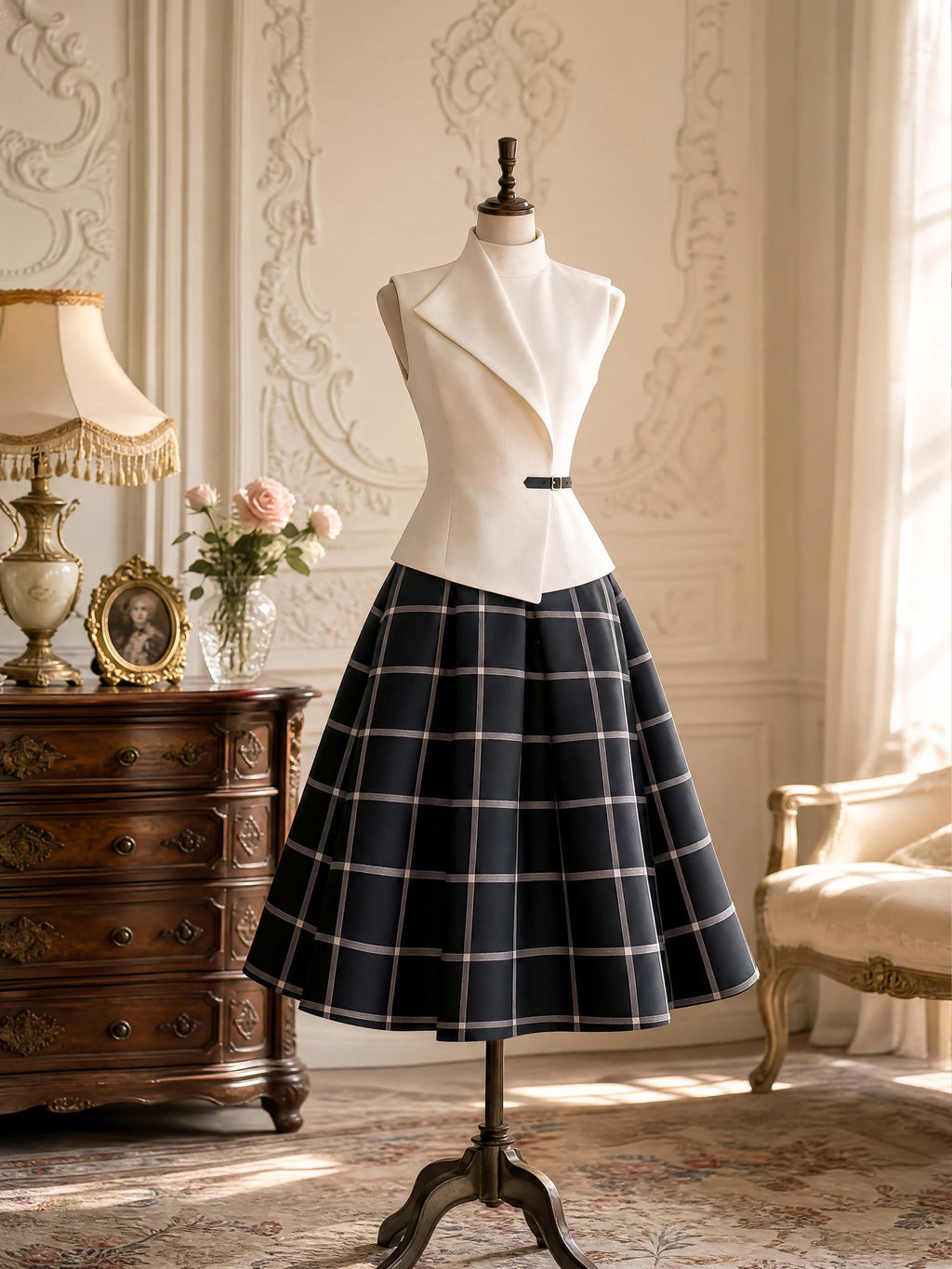 Vintage Plaid Swing Midi Skirt