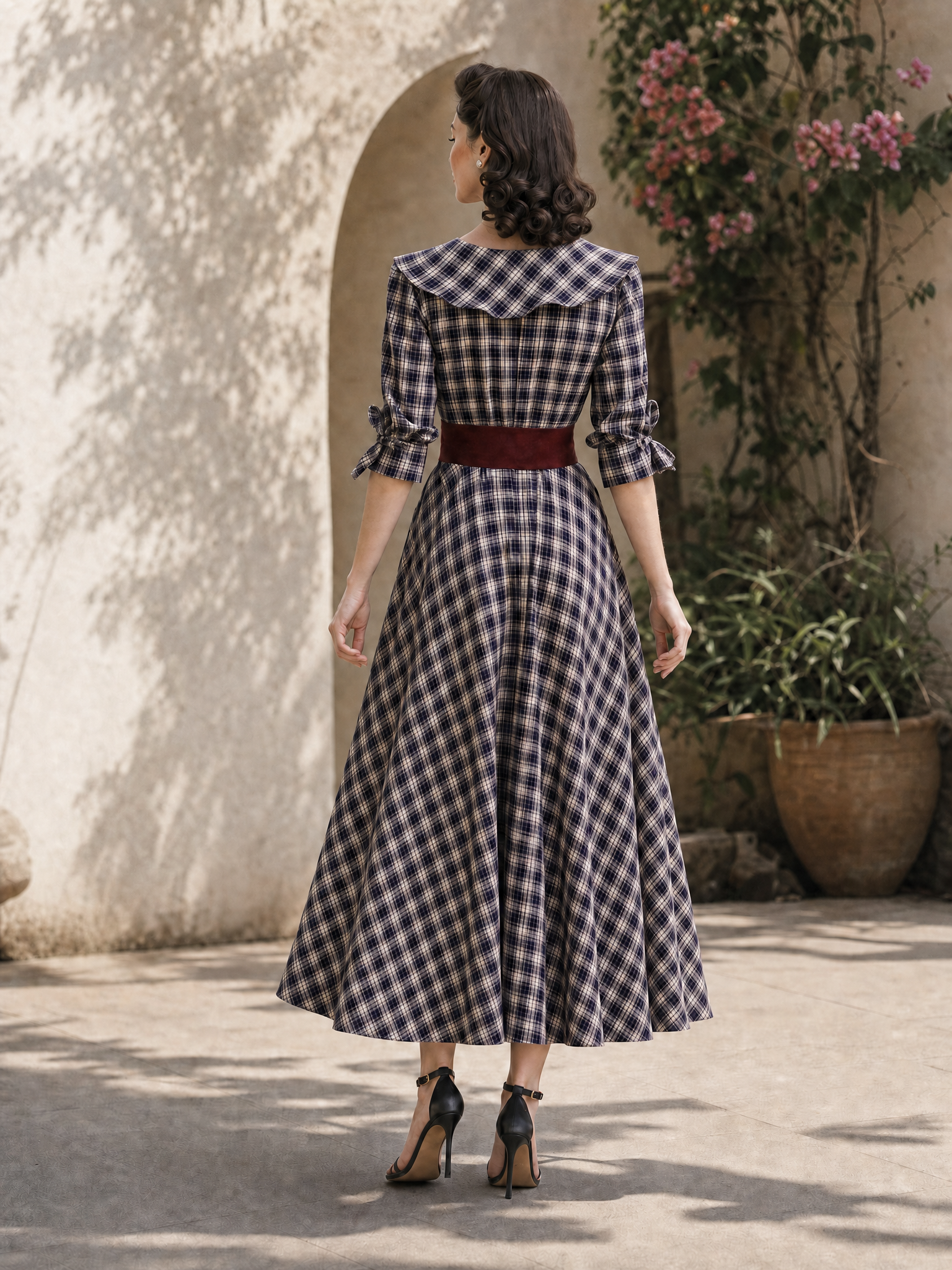 Vintage Plaid Color Contrast Belt Maxi Dress