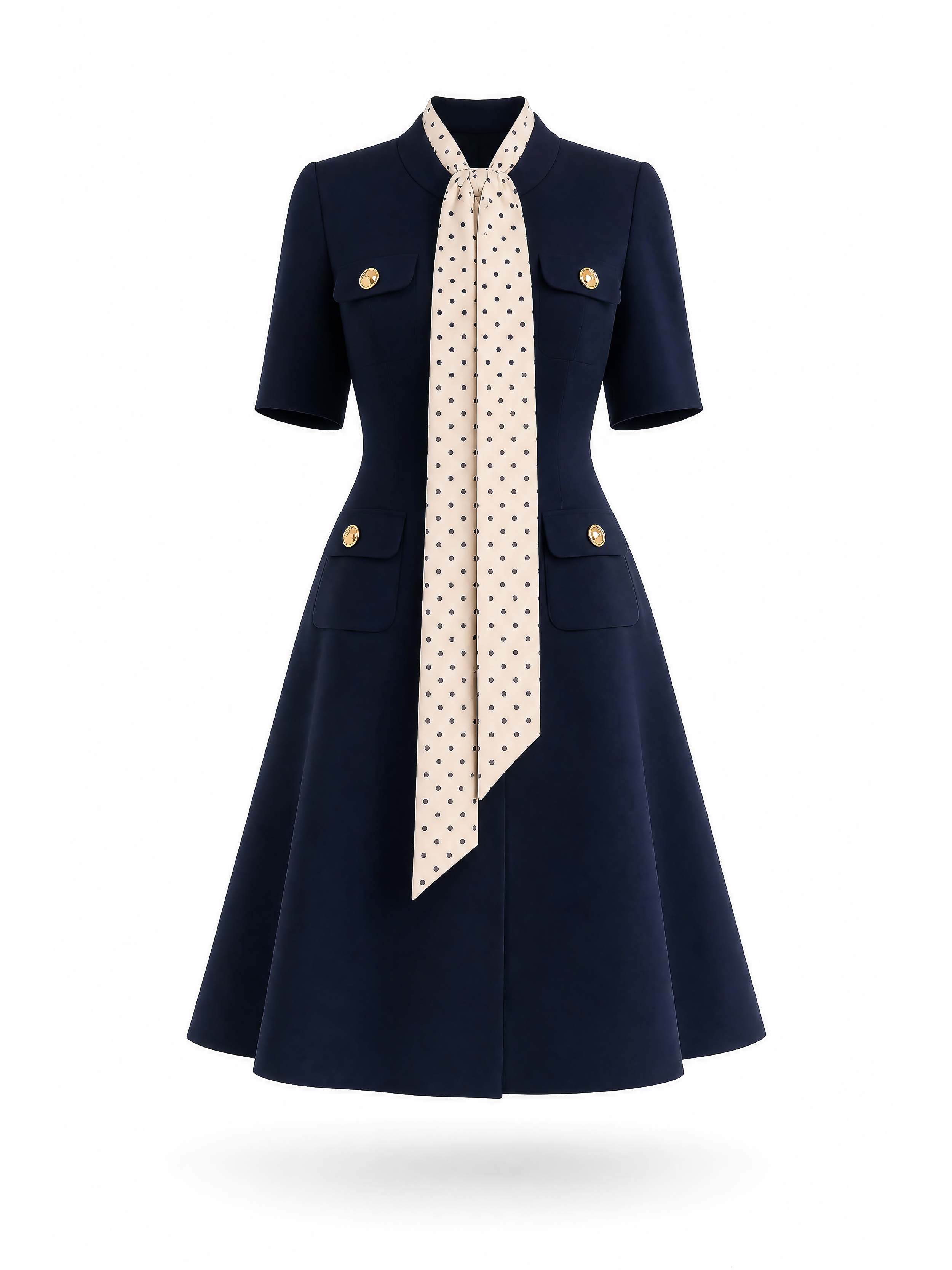 Vintage Tie Neck A-line Midi Dress