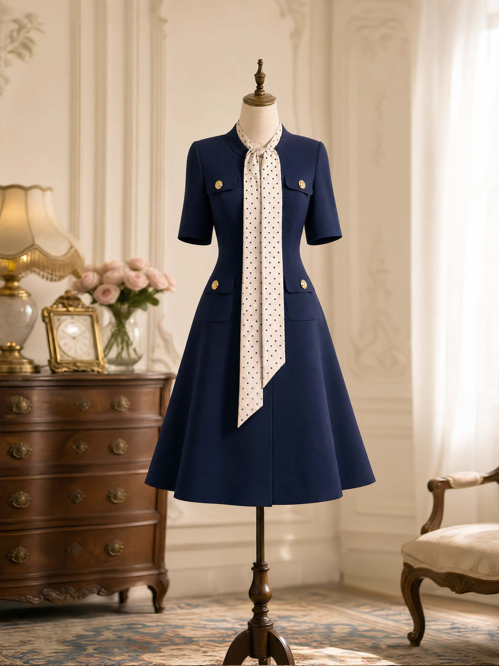 Vintage Tie Neck A-line Midi Dress