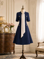 Vintage Tie Neck A-line Midi Dress