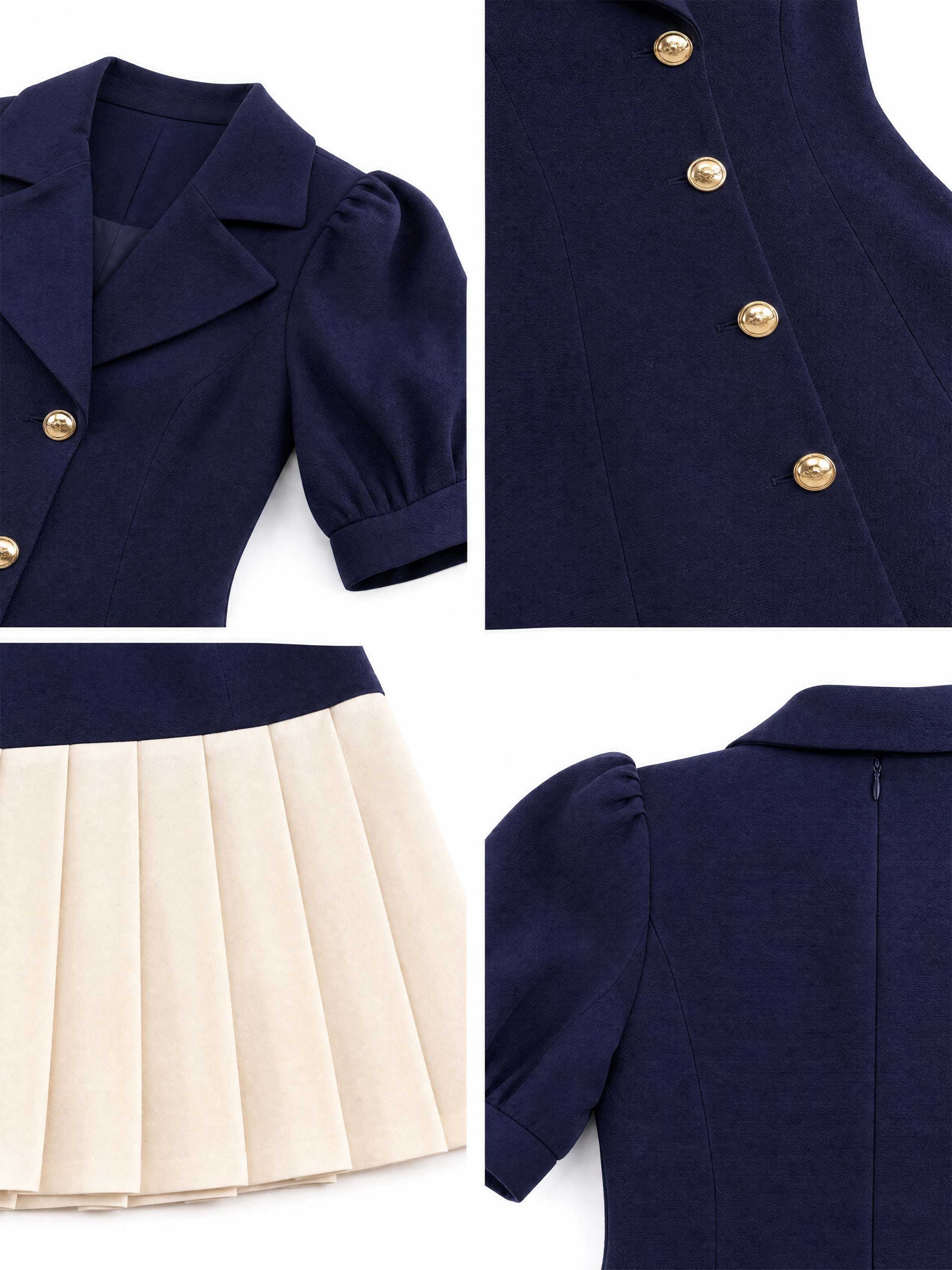 Vintage Color Block Pleated Midi Dress