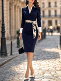 Vintage Lapel Belted Bodycon Midi Dress