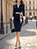 Vintage Lapel Belted Bodycon Midi Dress