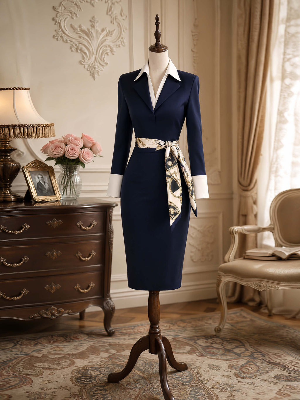 Vintage Lapel Belted Bodycon Midi Dress