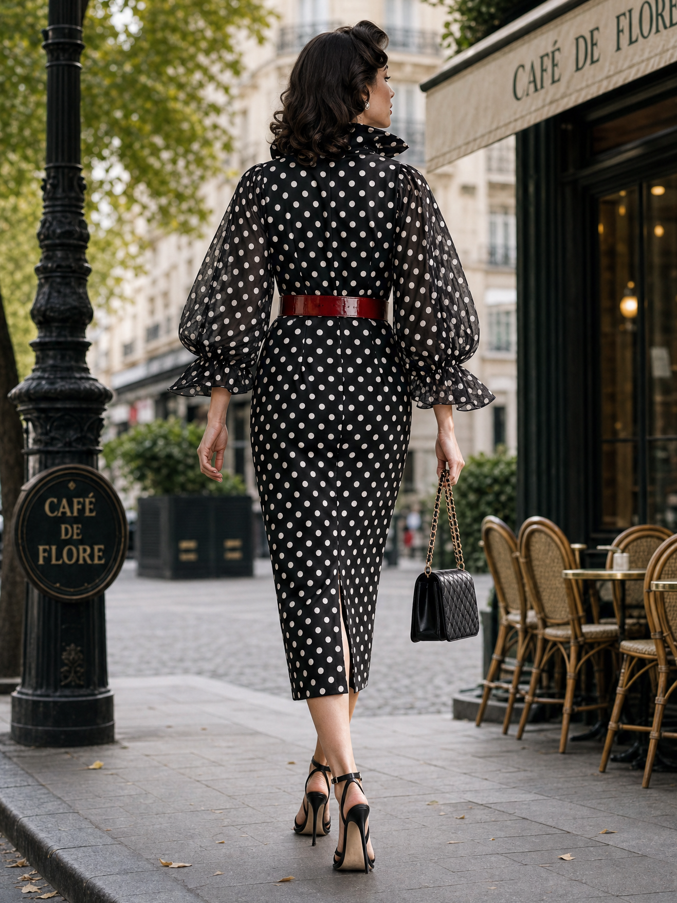 Vintage V-neck Polka Dot Print Midi Dress