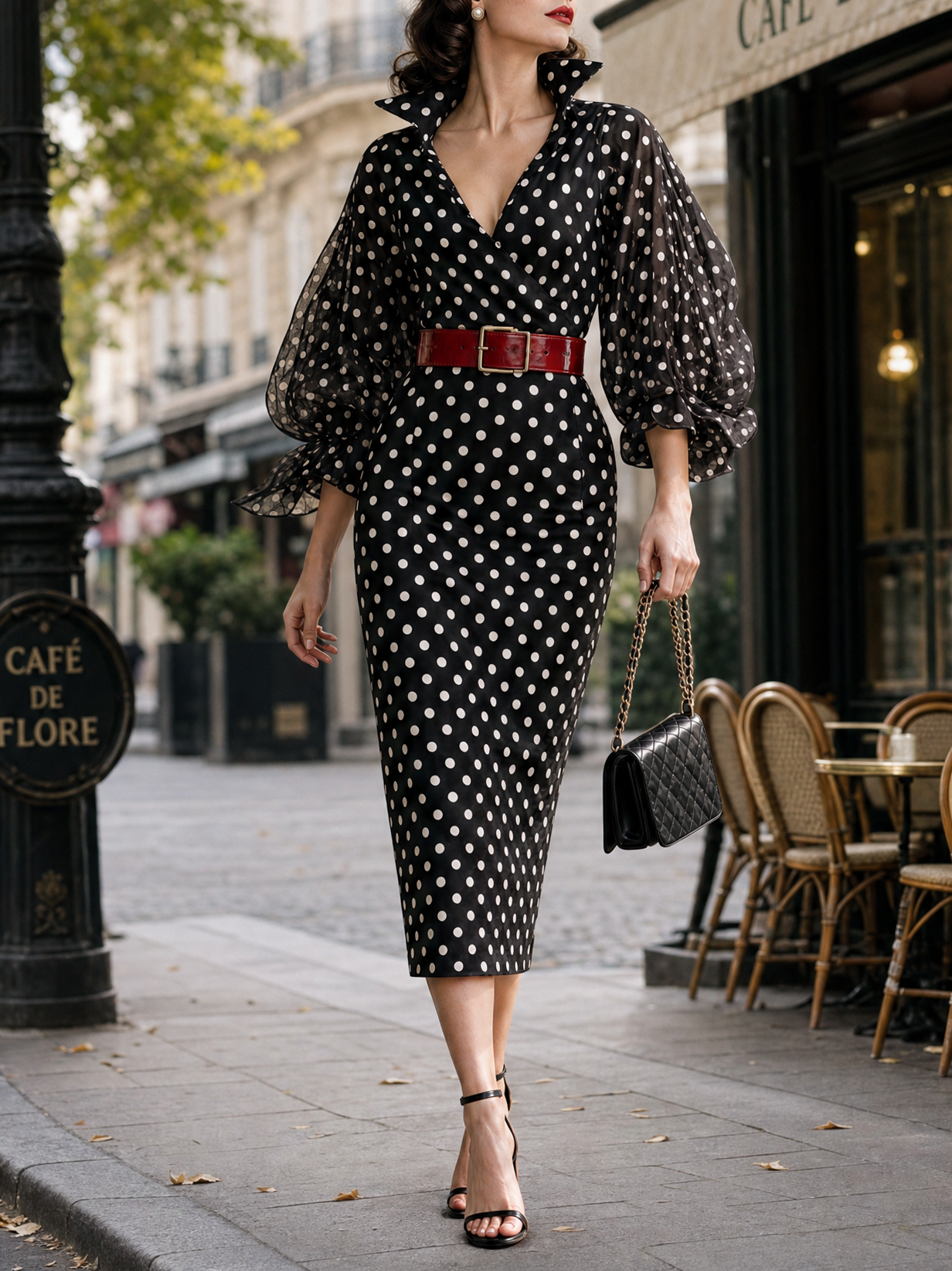 Vintage V-neck Polka Dot Print Midi Dress