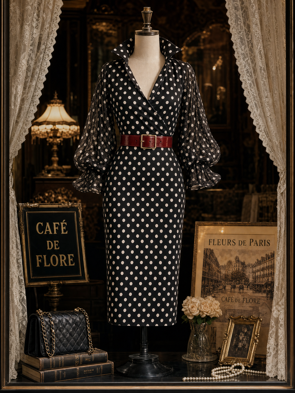 Vintage V-neck Polka Dot Print Midi Dress