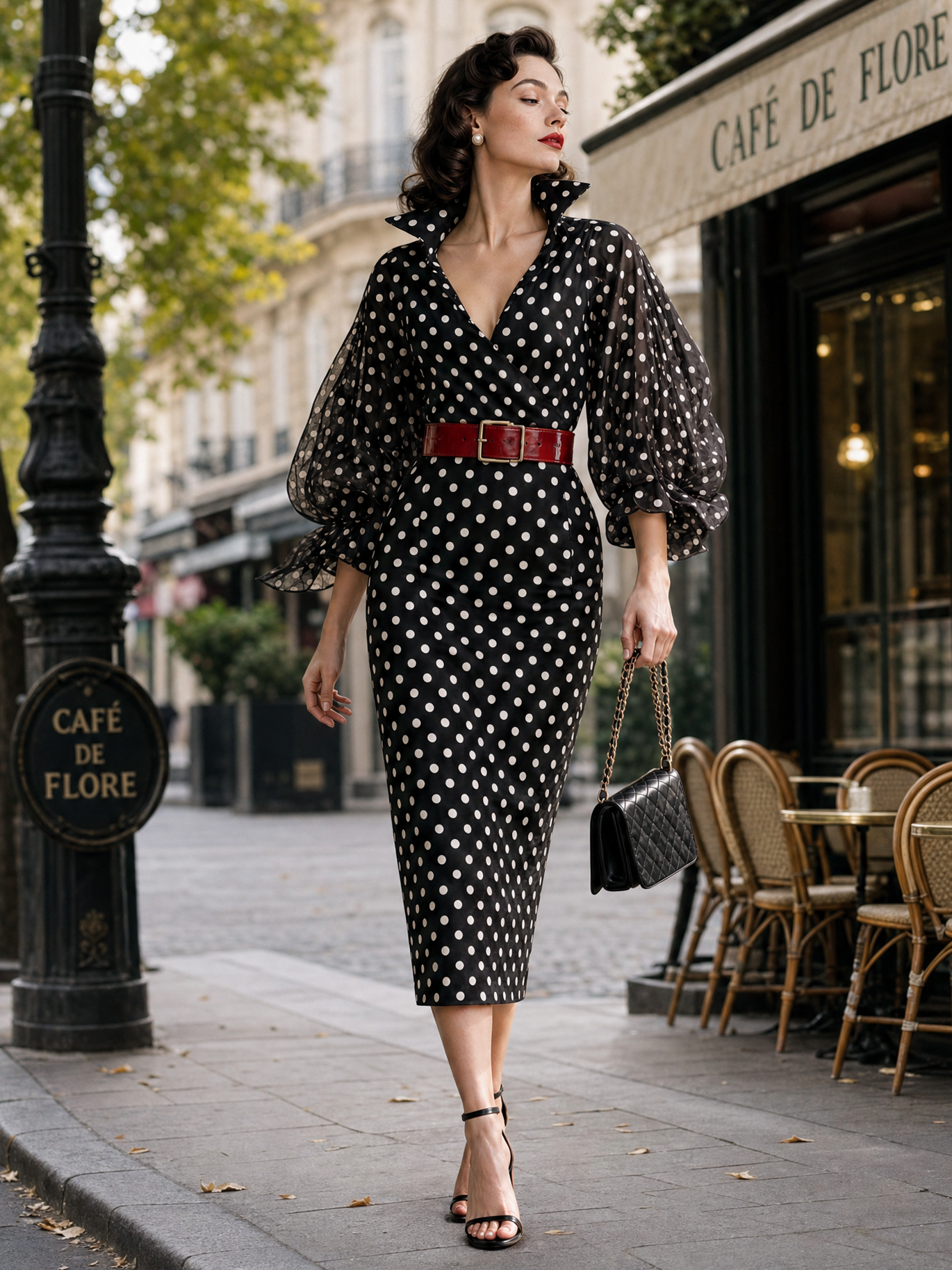 Vintage V-neck Polka Dot Print Midi Dress