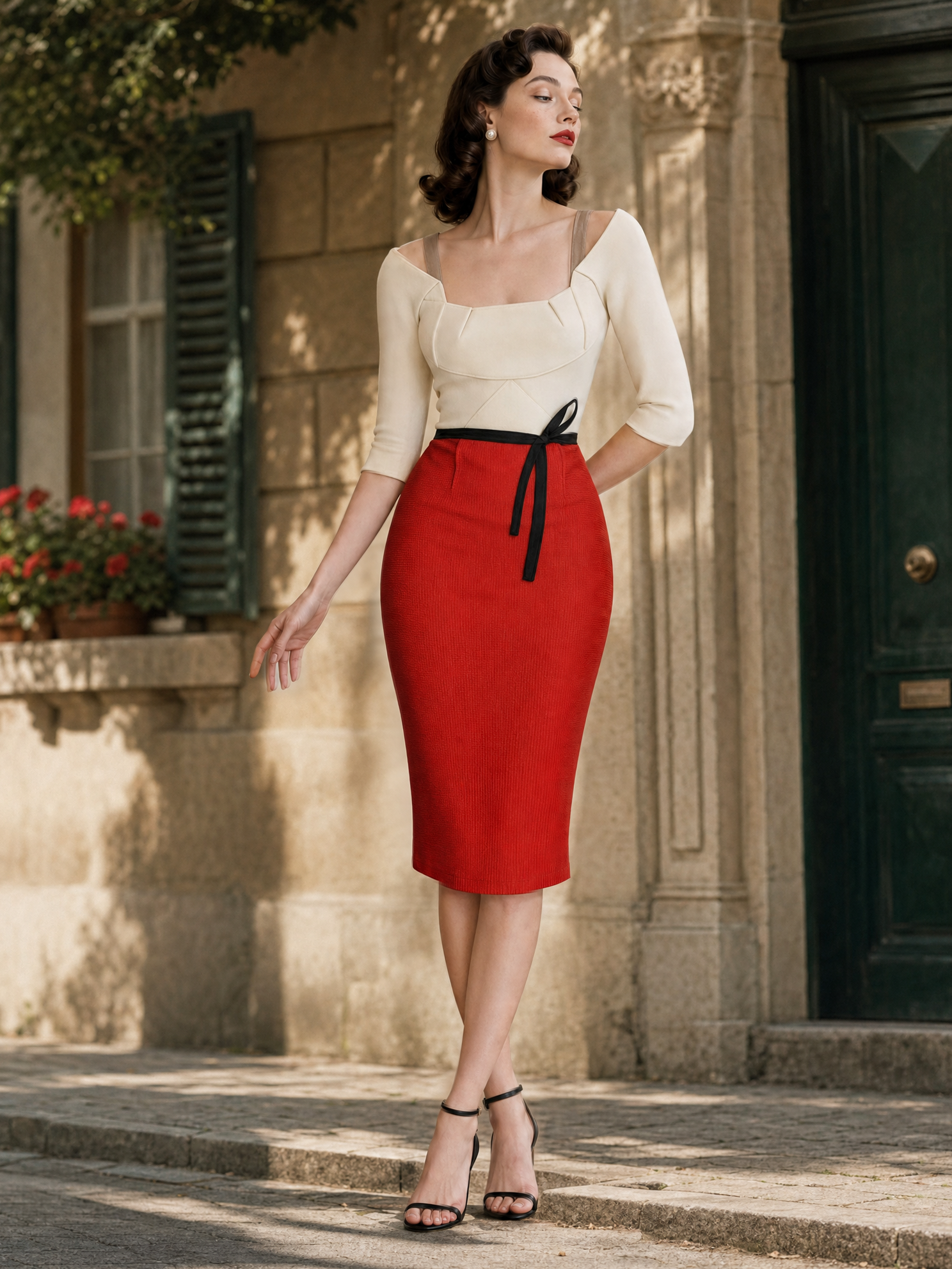 Vintage Color-blocked Bodycon Midi Dress