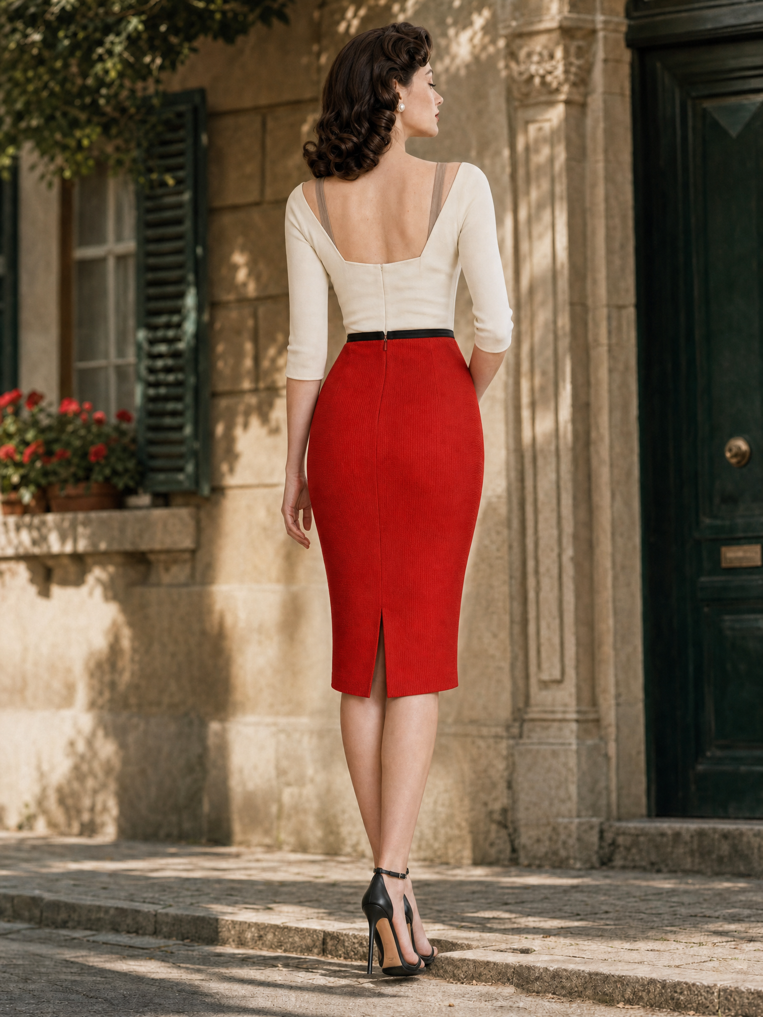 Vintage Color-blocked Bodycon Midi Dress