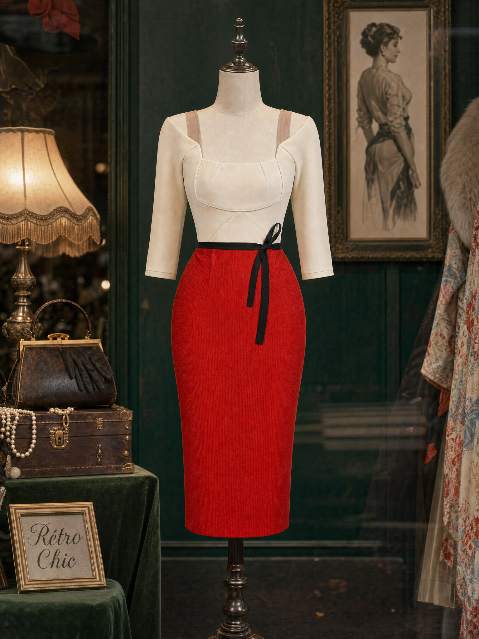Vintage Color-blocked Bodycon Midi Dress