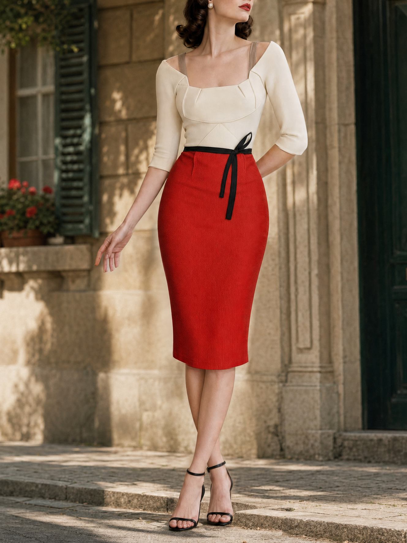 Vintage Color-blocked Bodycon Midi Dress