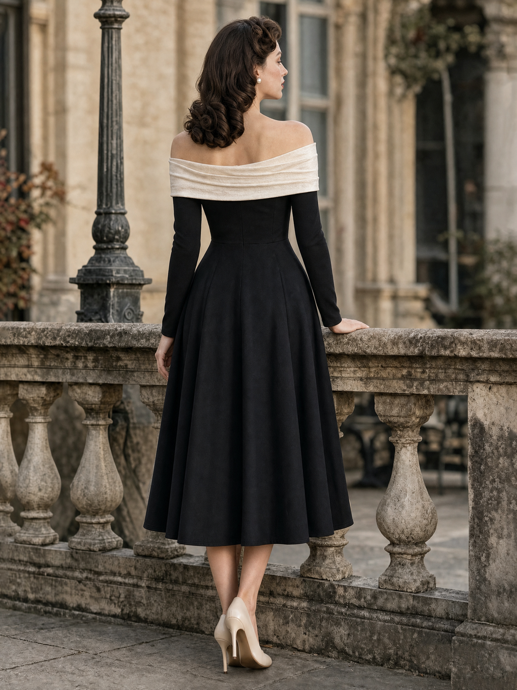 Vintage Off-shoulder Bow Tie Straps Midi Dress
