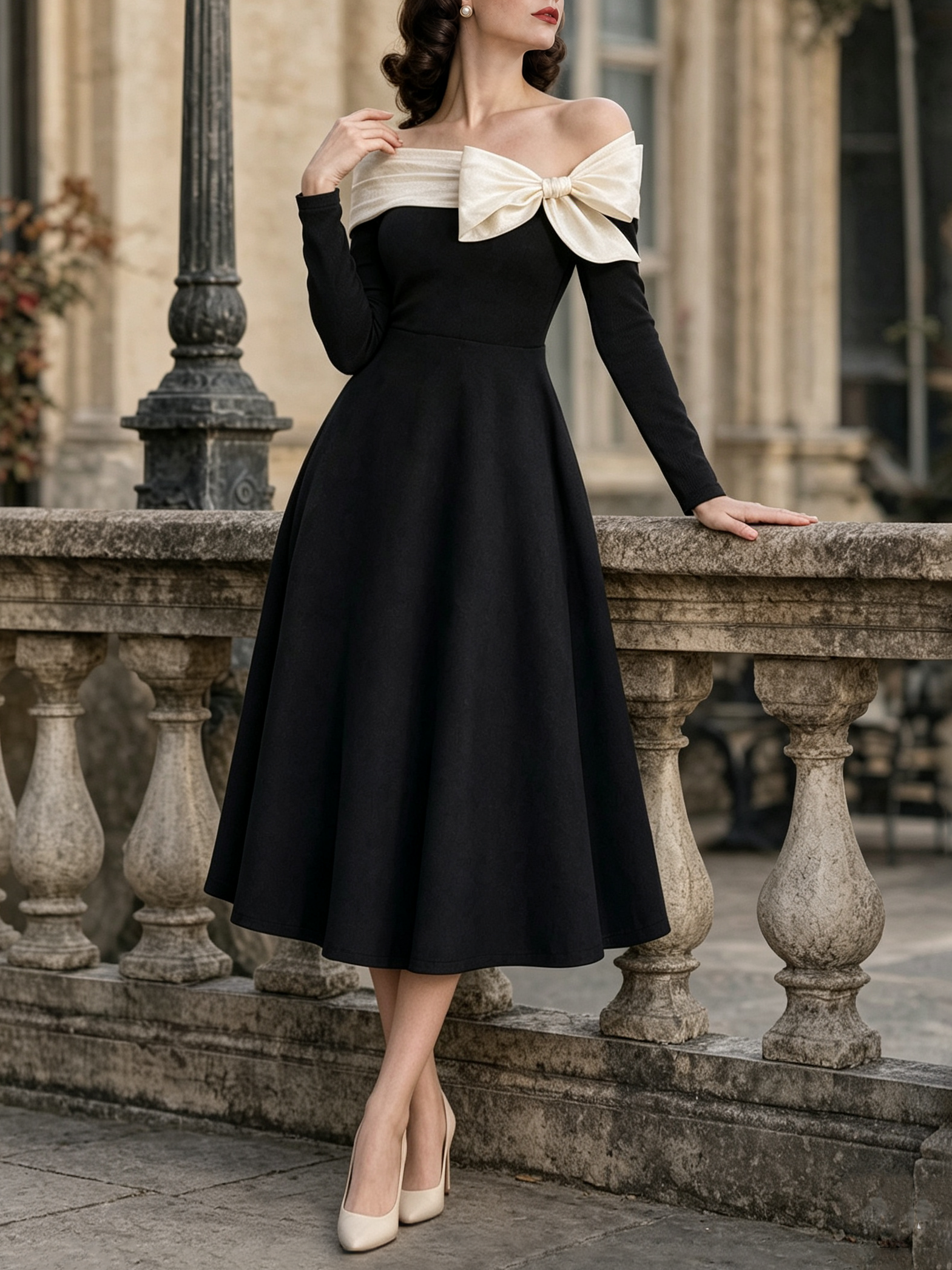 Vintage Off-shoulder Bow Tie Straps Midi Dress