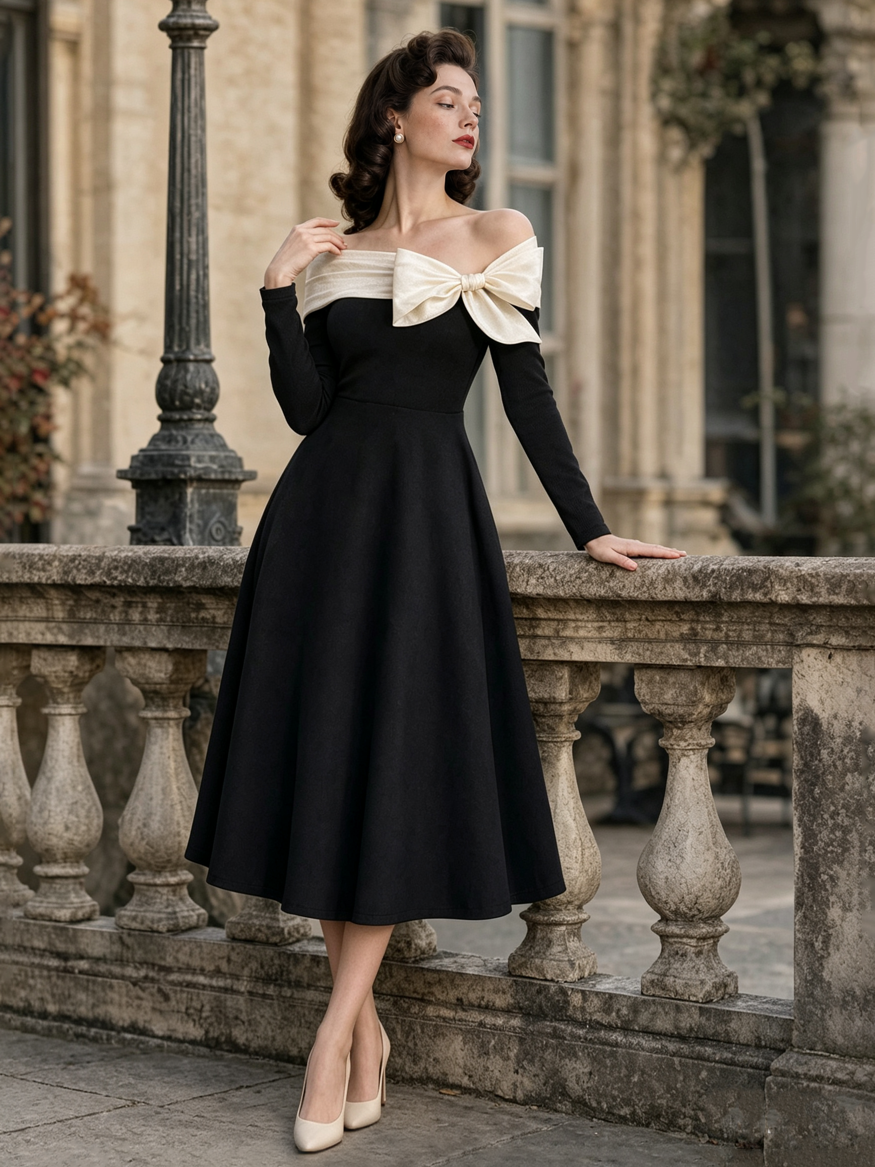 Vintage Off-shoulder Bow Tie Straps Midi Dress
