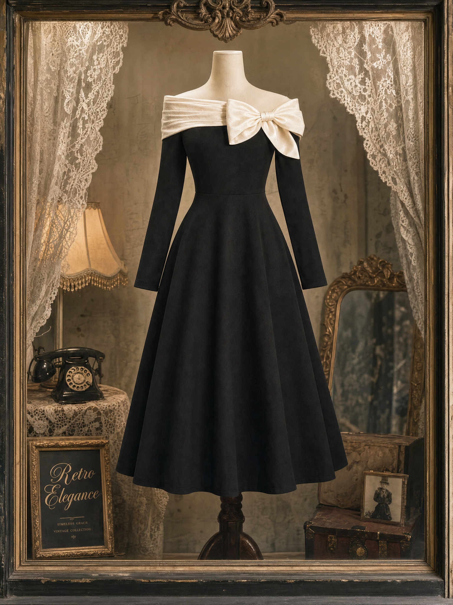 Vintage Off-shoulder Bow Tie Straps Midi Dress