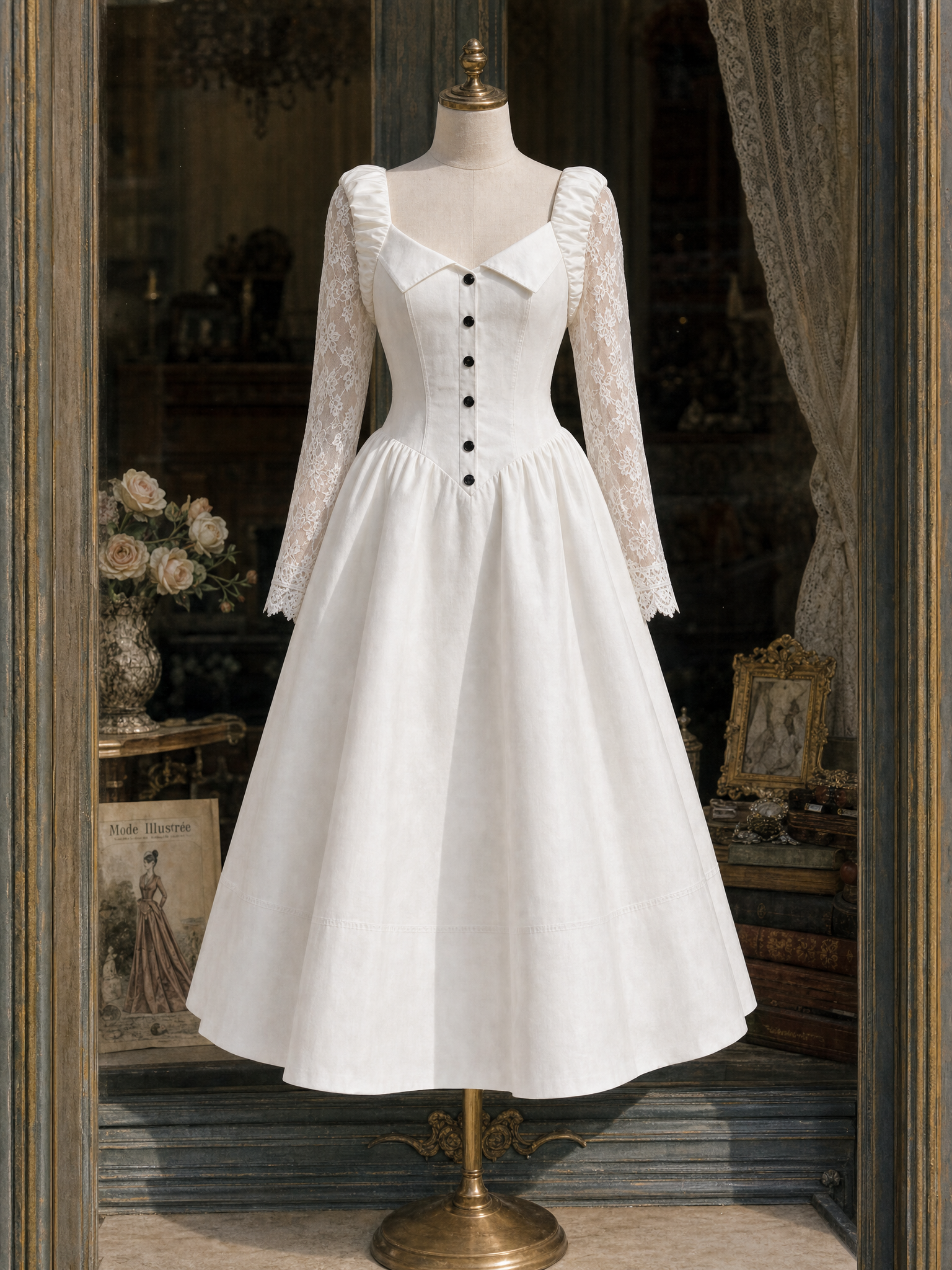 Vintage Waist-cinched Lace Spliced Maxi Dress